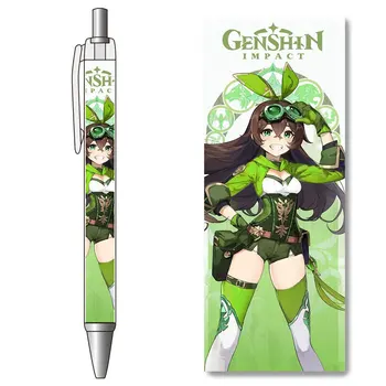 1БР Гел химикалки Genshin Impact Зелен кехлибар, художествени канцеларски материали с Кавайным герой, черни зареждане с гориво, Ученически пособия Caneta за детски изпит