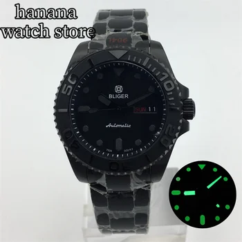 40 мм Мъжки напълно черни Механичен автоматичен часовник с асептическим циферблат Механизъм NH36A AR Стъклена гривна Oyster календар с дисплей седмици