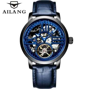 AILANG Оригиналната марка, луксозни механични часовници с турбийоном за мъже, модерен мъжки часовник от синя кожа, водоустойчив автоматични часовници с виртуален скелет