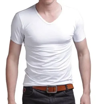 B1707 Гореща Лятна Разпродажба, Тениска, Нови Мъжки Блузи С V-образно деколте, Риза Slim Fit, Къс ръкав, Однотонная Ежедневни тениска