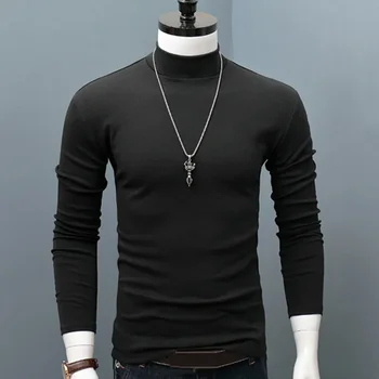 B8850 Топла зимна топла мъжки Базова однотонная тениска с имитация на шията, Блуза, Пуловер, отгоре с дълъг ръкав, мъжки връхни дрехи, Приталенная еластична мода