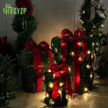 HXGYZP Коледна Украса Изкуствени Растения Коледен Подарък Кутия Зелени Листа от червени Плодове Лък С Подсветка Разпродажба на Коледни