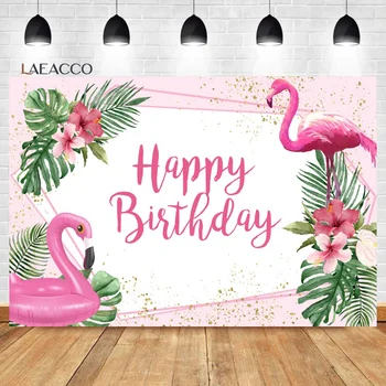 Laeacco, Летен фон за рожден ден с фламинго, Тропически Хавайски палми С цветя, портрет на душата на детето, Фон за снимки на поръчка