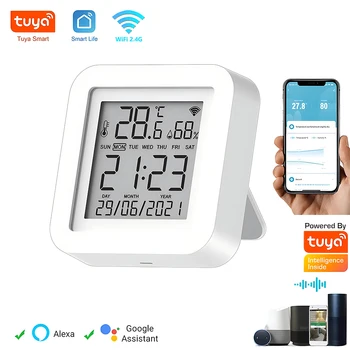 Sasha Smart Life WiFi Сензор за Температура И Влажност Голям LCD дисплей Температура Влажност Дата на Седмица Време Подкрепа е Алекса Google Home