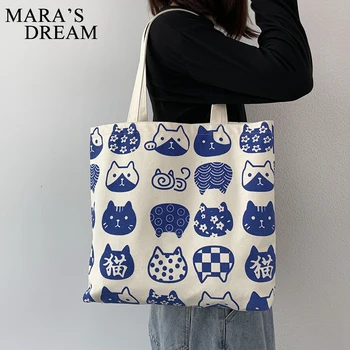 Дамски холщовые чанти Mara's Dream, чанти-тоут с кошачьим принтом, ежедневни тъканно чанта през рамо за момичета, дамски чанти, за пазаруване с цип