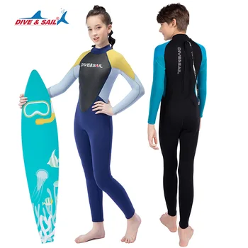 Детски водолазный костюм от неопрен 2,5 мм, едно парче неопрен с дълъг ръкав за момчета и момичета, зимна бански за сърф и гмуркане с шнорхел, зимна бански за плуване