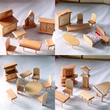 Дървена Мини-мебелен слушалки Куклена Къща Спалня Хол Ресторант Миниатюрна Кухня Мини-маса и стол Аксесоари за куклена Къща