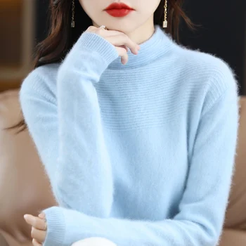 Жена вязаный пуловер от 100% чист норкового кашмир с полувысоким яка, универсален норковый вълнен пуловер с дълги ръкави, през пролетта горещо