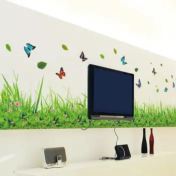 Зелена трева Пеперуда Цветя Первази PVC Стикер на стената Стая Начало декор