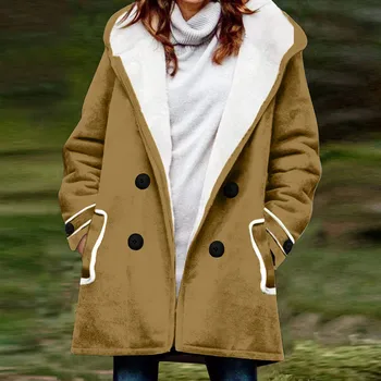 Зимно палто за жени 2023 година, топло яке с вълнена подплата, палто с качулка, палто от изкуствен велур