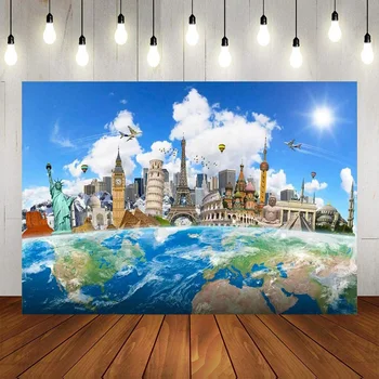 Карта на света Глобални пътуване Световно известни емблематични сгради честит рожден Ден на Фон за снимки на Заден план Декор на банер