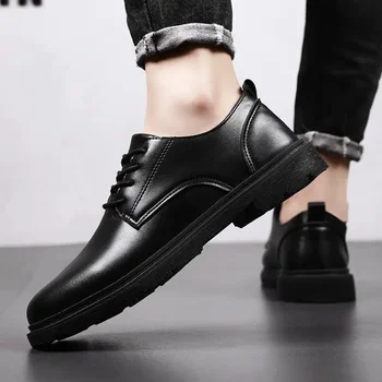 Кожени обувки на висок ток, мъжки попадат в британския стил 2023, Нови сватбени обувки за булката, Черни ежедневни кожени обувки, мъжки обувки