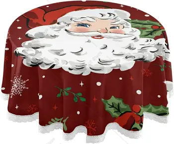 Коледна кръгла покривка на Дядо Коледа с снежинками и остролистом, покривка с дантела, Декоративни за празничната домашно парти, пикник