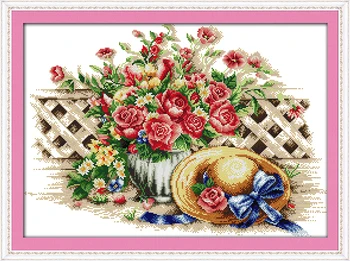 Комплект за бродерия на кръстат бод Joy Неделя с предварително отпечатан Лесно Pattern Комплект за бродиране от тисненой тъкан Aida-шапка с хубав цвете