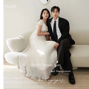 Корейски сватбени рокли OLOEY Simple С Открити рамене И Драпировкой За Фотосесия С Къси Ръкави с Дължина до пода, Сватбени рокли С корсет Отзад