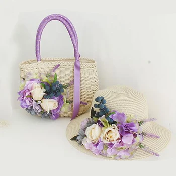 Летни плажни сламени чанти Дамски плетени чанти от ратан ръчно изработени с солнцезащитной шапка 2022 Нов модерен чантата си и чанта с лилави цветя