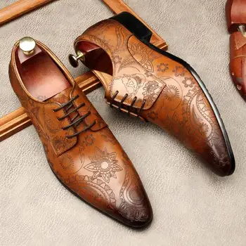 Луксозни мъжки оксфордские обувки-дерби, модел обувки от естествена кожа с цветен конец, кофейно-черните сватбени обувки с остър пръсти дантела, мъжки официални обувки