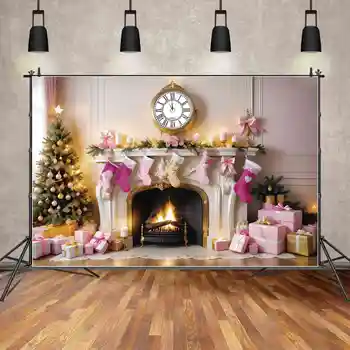 ЛУНАТА.Фон QG, Розови Коледна украса за камината за домашно фон, Аксесоари за фотография в стил хаус деко