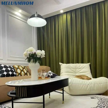 Модерни маслинено-зелени кадифени завеси за хол, спални, вили с покритие за оцветяване, Сгъстено обикновена завеси, прозорец, балкон