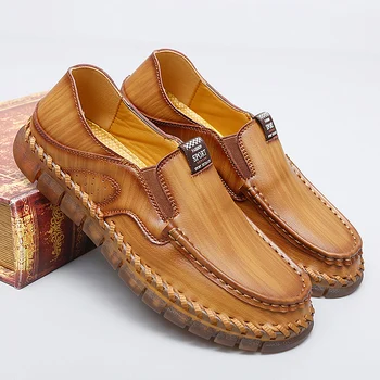 Мъжки ежедневни обувки от естествена кожа Ръчно изработени, Луксозни Дизайнерски Меки Мъжки Лоферы, Нескользящие Кафяви Слипоны На Равна подметка, Мъжки Мокасини Голям размер 38-47