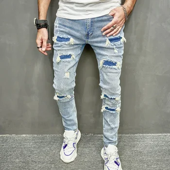 Мъжки светло синьо тесни джинси, скъсани мотоциклетни панталони в стил хип-хоп, Корейската мода, ретро дънкови панталони с пискюли