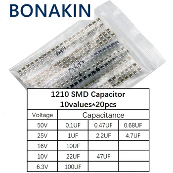 Набор от кондензатори 1210 SMD в асортимент, 10 стойности * 20pcs = 200шт Набор от образци на 100 NF ~ 100 uf електронен комплект за diy