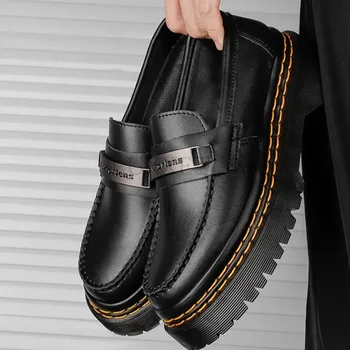 Нови обувки, Лоферы, мъжки обувки сватбени на дебела подметка, черни официални бизнес кожени слипоны, увеличаване на растежа, Ежедневни обувки