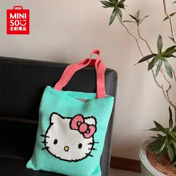 Оригинална черна кожена чанта ръчно плетени MINISO Hello Kitty Kawaii, Мультяшная сладко чанта за съхранение с голям капацитет, подарък за момичета