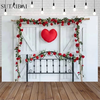Произход на Св. Валентин, на Таблата, Бяла тухлена стена, Сватбени декорации във формата на сърце с червена роза за фон фотография, фотографско студио