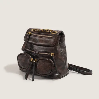 Реколта чанта от изкуствена кожа мини размер, ръчни чанти, с метална верига в стил пънк, модерен универсална раница, женски пътен красива раница