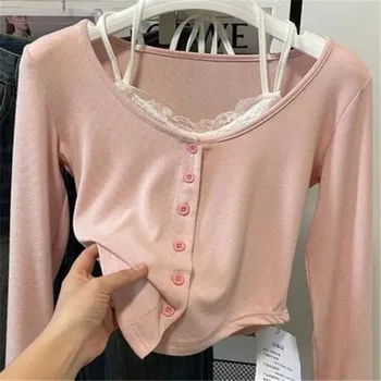 Розови тениски Дамски Тънък Сладък Студентски Модни Корейски Пролетта Меки За Почивка Съкратен Сращенные Дизайн 2023 Нов Прием на Всекидневното