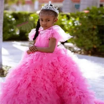 Розово сладко просто многослойно рокля-пакетче с V-образно деколте за малко момиченце, принцеса, Рокля за вашата сватба, рожден ден, Първото причастие