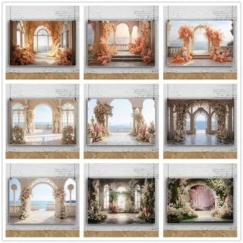 Романтична сватба на фона на 3D Засводени венец Бяла завеса Сватбена фотография с цветя на стената Банер за булчински душ за 
