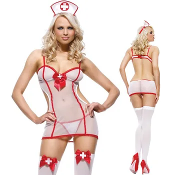 Секси униформи на медицински сестри, изкушение, мрежест прозрачен костюм на външната търговия, дама, бяла ролева костюм, един размер подходящ за всички.