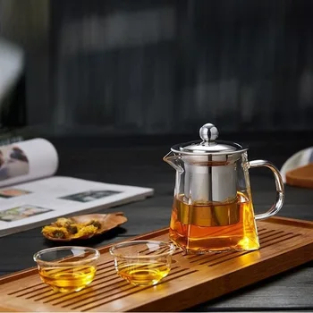 Чайник от устойчиви на топлина стъкло С приготвяне на чай от неръждаема стомана контейнер за затопляне на храна, кана с добра прозрачност, Квадратна кошница за филтър