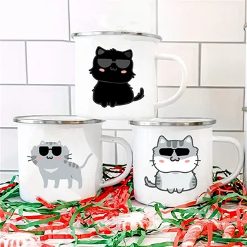Эмалированная чаша с дръжка, Чаша с анимационни котка, Туристически чаши за кафе, бира, сок, чай, мляко, Празнични подаръци за рожден Ден, най-оригинални и забавни подаръци
