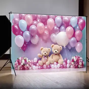ЛУНАТА.QG Background Плюшено мече с въздушно топка, детски душ, на фона на парти по случай рожден ден, Детска розова стрелба, подпори за фотография, аксесоари 1