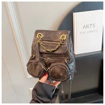 Реколта чанта от изкуствена кожа мини размер, ръчни чанти, с метална верига в стил пънк, модерен универсална раница, женски пътен красива раница 1
