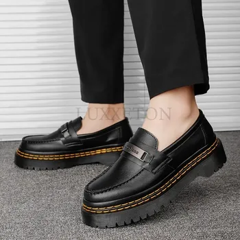 Нови обувки, Лоферы, мъжки обувки сватбени на дебела подметка, черни официални бизнес кожени слипоны, увеличаване на растежа, Ежедневни обувки 2