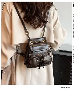 Реколта чанта от изкуствена кожа мини размер, ръчни чанти, с метална верига в стил пънк, модерен универсална раница, женски пътен красива раница 2