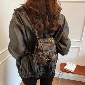 Реколта чанта от изкуствена кожа мини размер, ръчни чанти, с метална верига в стил пънк, модерен универсална раница, женски пътен красива раница 3