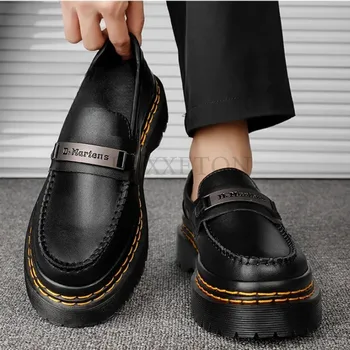 Нови обувки, Лоферы, мъжки обувки сватбени на дебела подметка, черни официални бизнес кожени слипоны, увеличаване на растежа, Ежедневни обувки 4