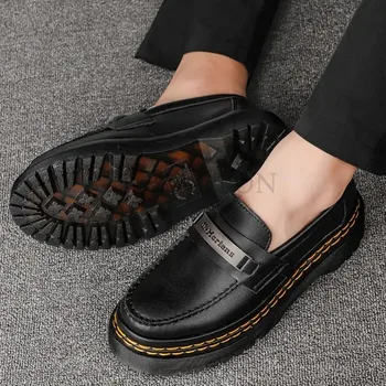 Нови обувки, Лоферы, мъжки обувки сватбени на дебела подметка, черни официални бизнес кожени слипоны, увеличаване на растежа, Ежедневни обувки 5